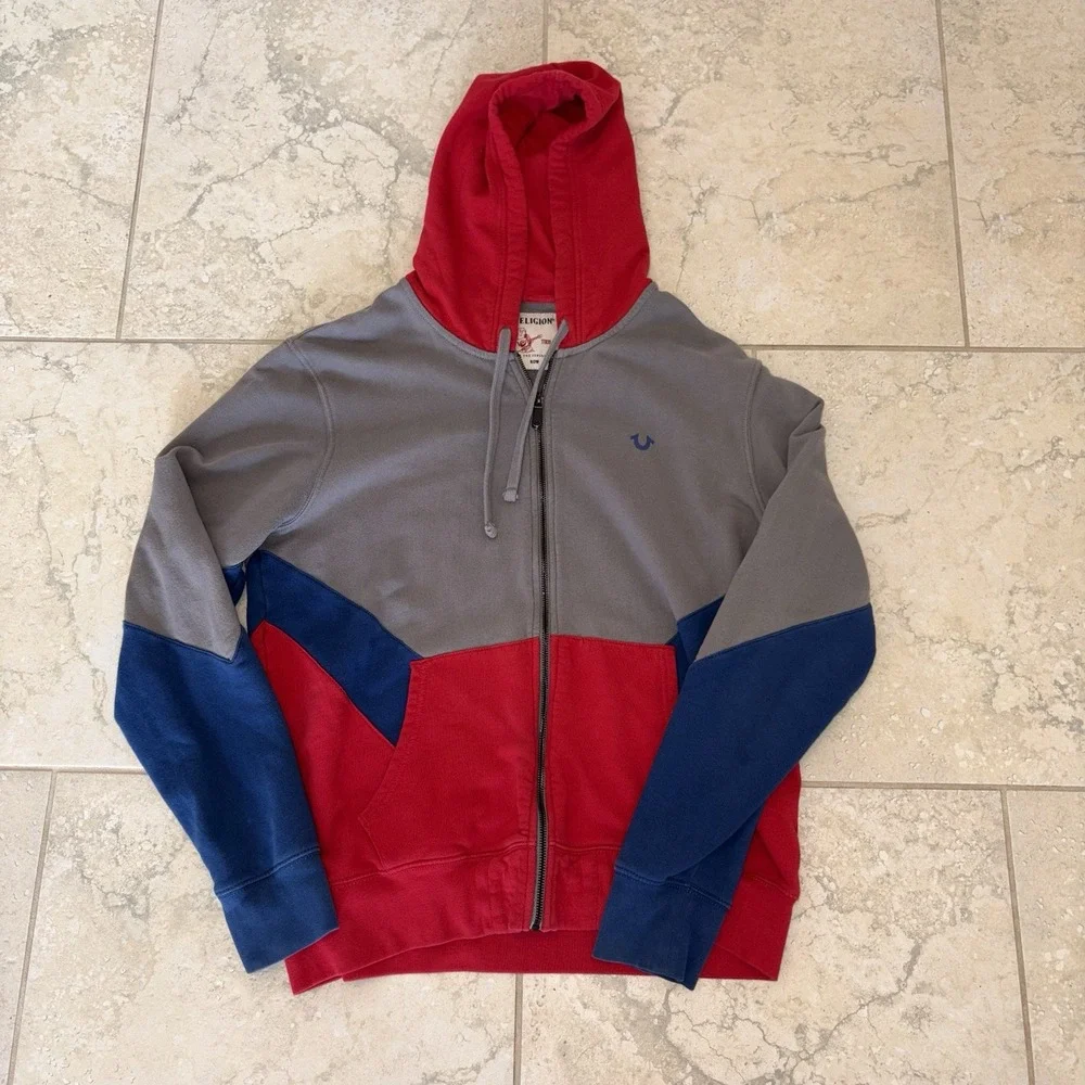 True Religion Hoodie Mens XL Gray Red Blue Zip Up Chevron Panel Sweatshirt